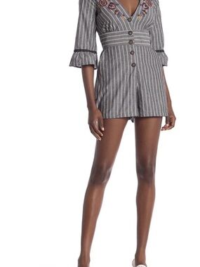 Coco + Jamieson Striped V-Neck Romper with Button Front and Embroidery